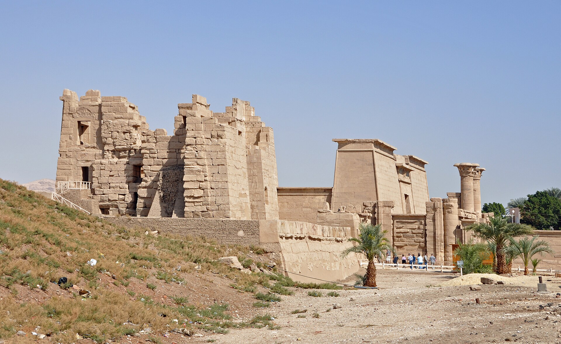 Reliefs and painted columns of Medinet Habu temple on the West Bank of Luxor